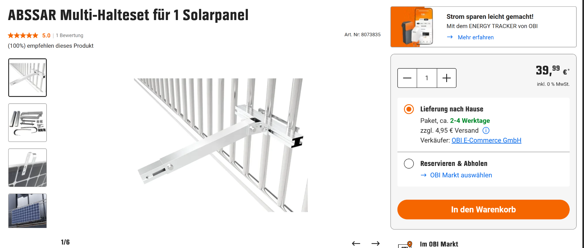 Balkonkraftwerk-Halterung ABSSAR Multi-Halteset für 1 Solarpanel – Universal-Halterung für Balkongeländer · für 1 Solarpanel