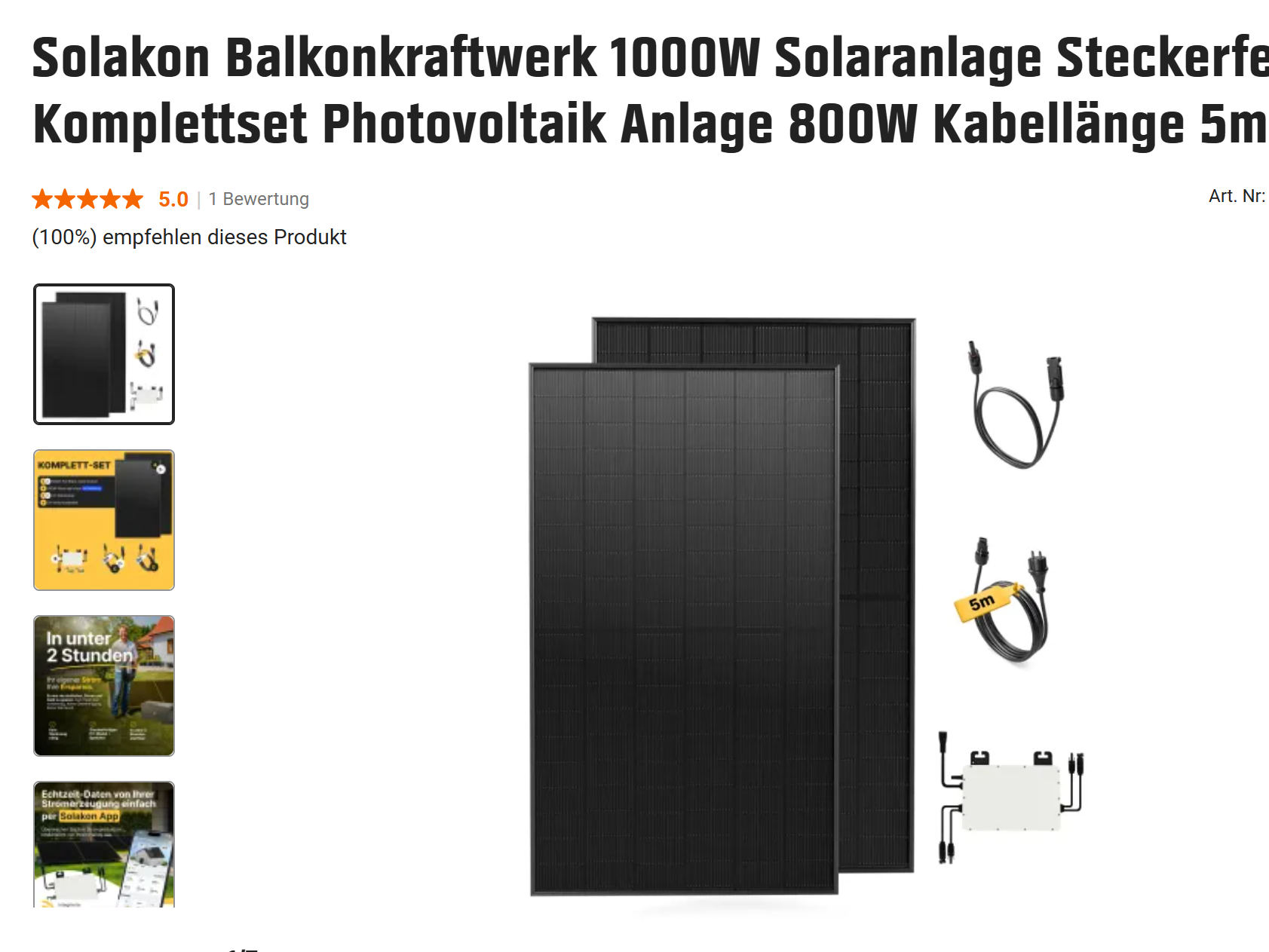 Balkonkraftwerk-Set Solakon Balkonkraftwerk 1000W Solaranlage Steckerfertig Komplettset – Photovoltaik-Komplettset 800 W · 5 m Kabel · steckerfertig