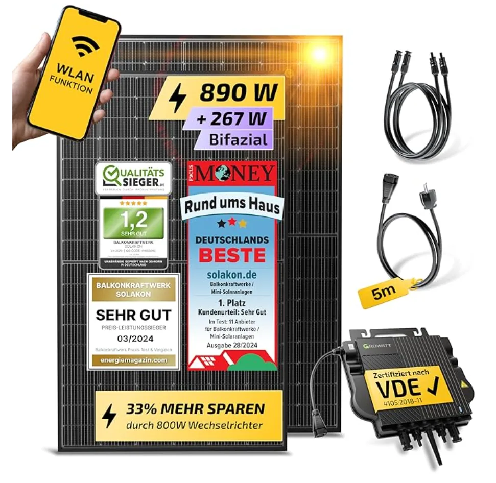 Balkonkraftwerk-Set Solakon 890W Balkonkraftwerk – Bestseller Nr. 1 – kompaktere Variante mit 800 W WR